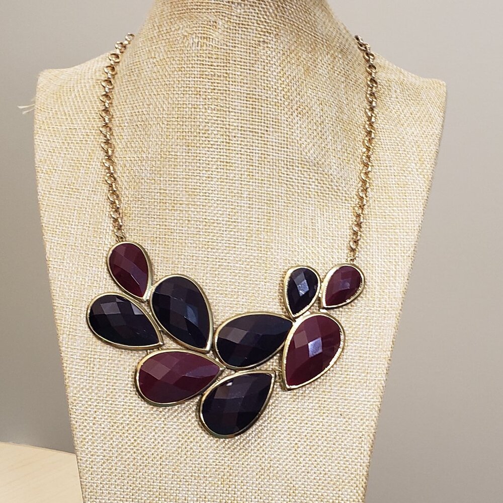 Gold tone, burgundy, purple teardrop rhinestone statement fashion necklace